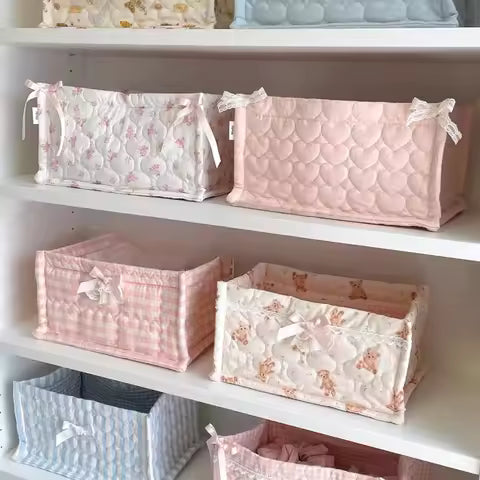 Panier de Rangement Carré Fleuri Style Coréen - Organiseur Bureau Mignon