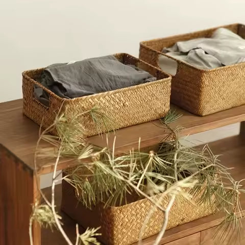 Panier décoratif en herbiers marins tissés - Rangement naturel pour la maison et la cuisine
