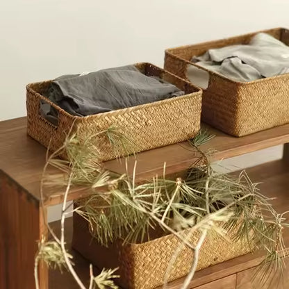 Panier décoratif en herbiers marins tissés - Rangement naturel pour la maison et la cuisine