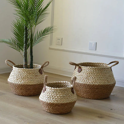 Panier en osier de mer Zerolife avec poignée - Pot de fleurs suspendu en rotin, rangement linge sale, jouets enfants - 3 tailles disponibles
