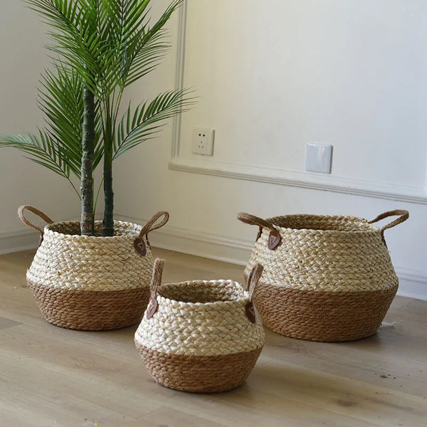 Panier en osier de mer Zerolife avec poignée - Pot de fleurs suspendu en rotin, rangement linge sale, jouets enfants - 3 tailles disponibles