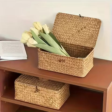 Panier de Rangement Vintage en Paille Tissée Main - Idéal Bureau, Cadeau & Salle de Bain