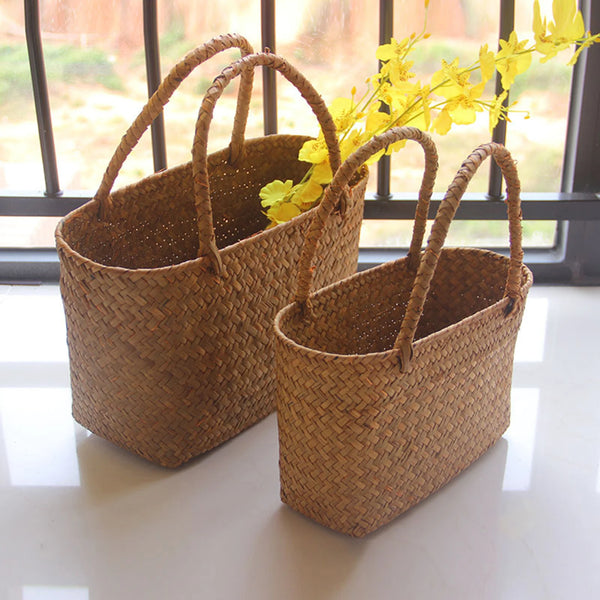 Panier en herbe marine tressée fait main - Style Bohème, idéal pour la plage, le rangement et la décoration
