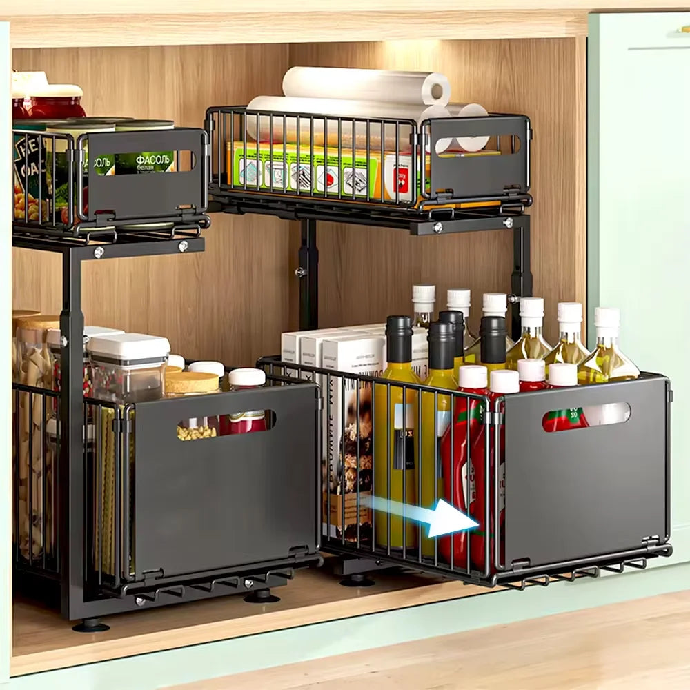 Organiseur Coulissant à 2 Étages pour Cuisine et Armoire - Rangement sous évier réglable