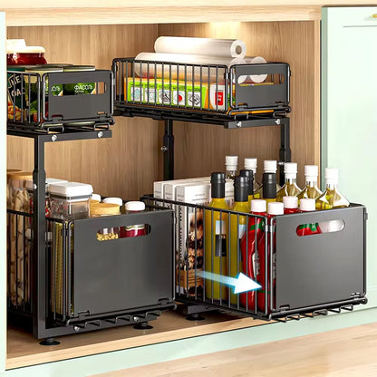 Organiseur Coulissant à 2 Étages pour Cuisine et Armoire - Rangement sous évier réglable