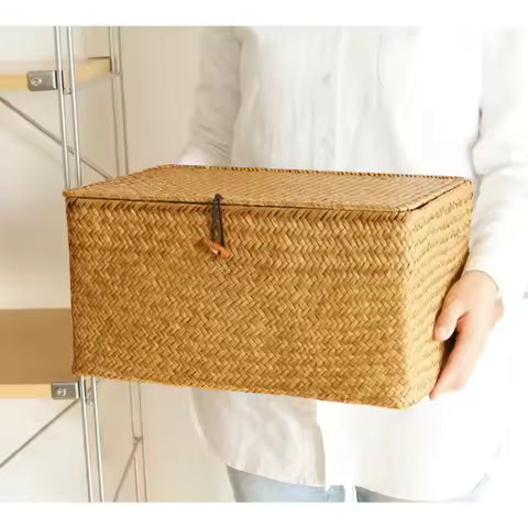 Panier de Rangement Tissé en Herbiers Marins avec Couvercle - Fait Main