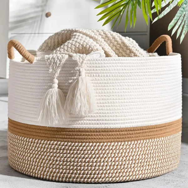 Grand panier de couvertures, paniers tressés pour le rangement, panier à linge pour bébé, panier à couverture en corde de coton pour le salon, lessive