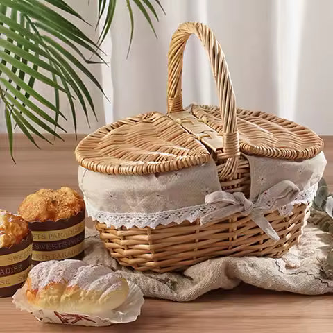 Panier de Pique-Nique en Osier Fait Main avec Poignée - Idéal Camping & Rangement