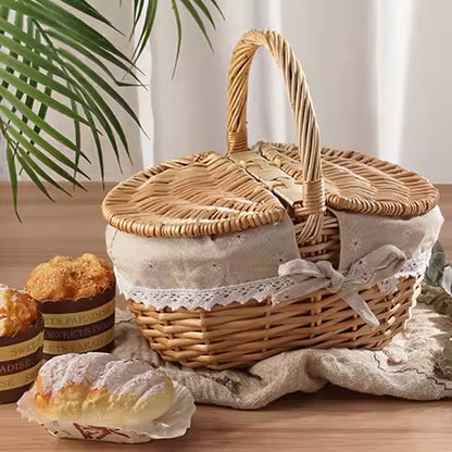 Panier de Pique-Nique en Osier Fait Main avec Poignée - Idéal Camping & Rangement