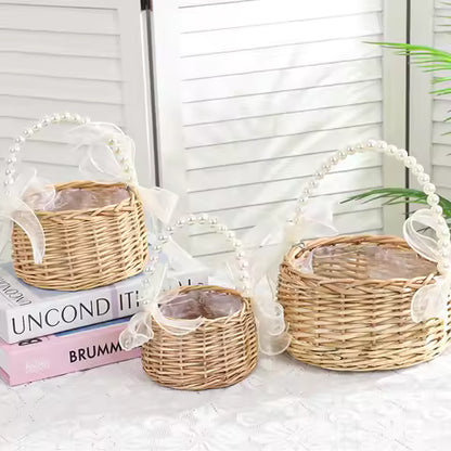 Panier enfant en rotin tressé à la main avec poignée et nœud perle - Idéal Pâques & Mariages (Brun)