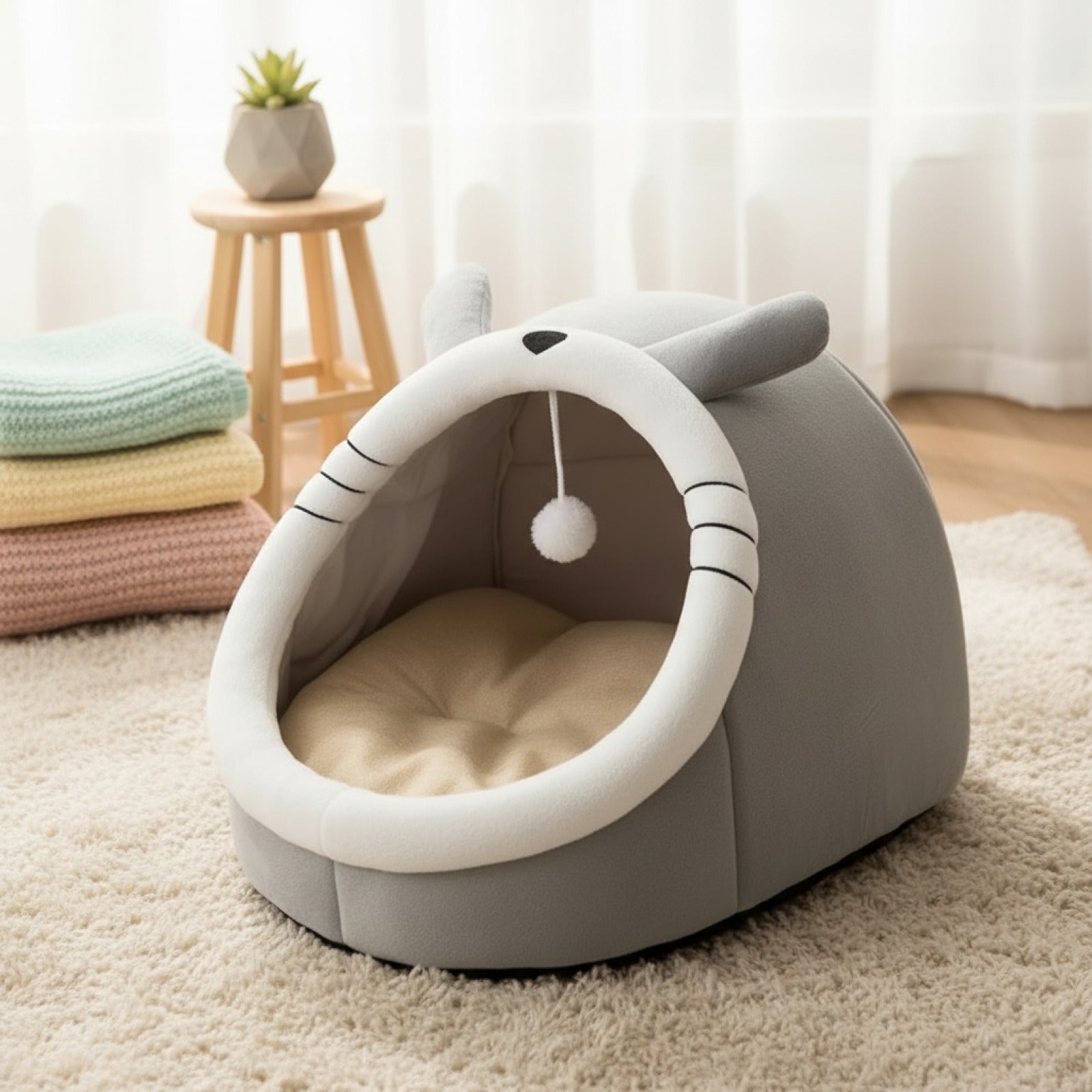 Lit Grotte Chauffant pour Chat et Petit Chien - Tente Douillette et Pliable