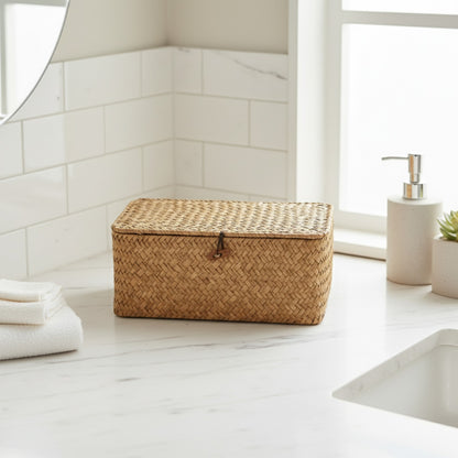 Panier de Rangement Vintage en Paille Tissée Main - Idéal Bureau, Cadeau & Salle de Bain