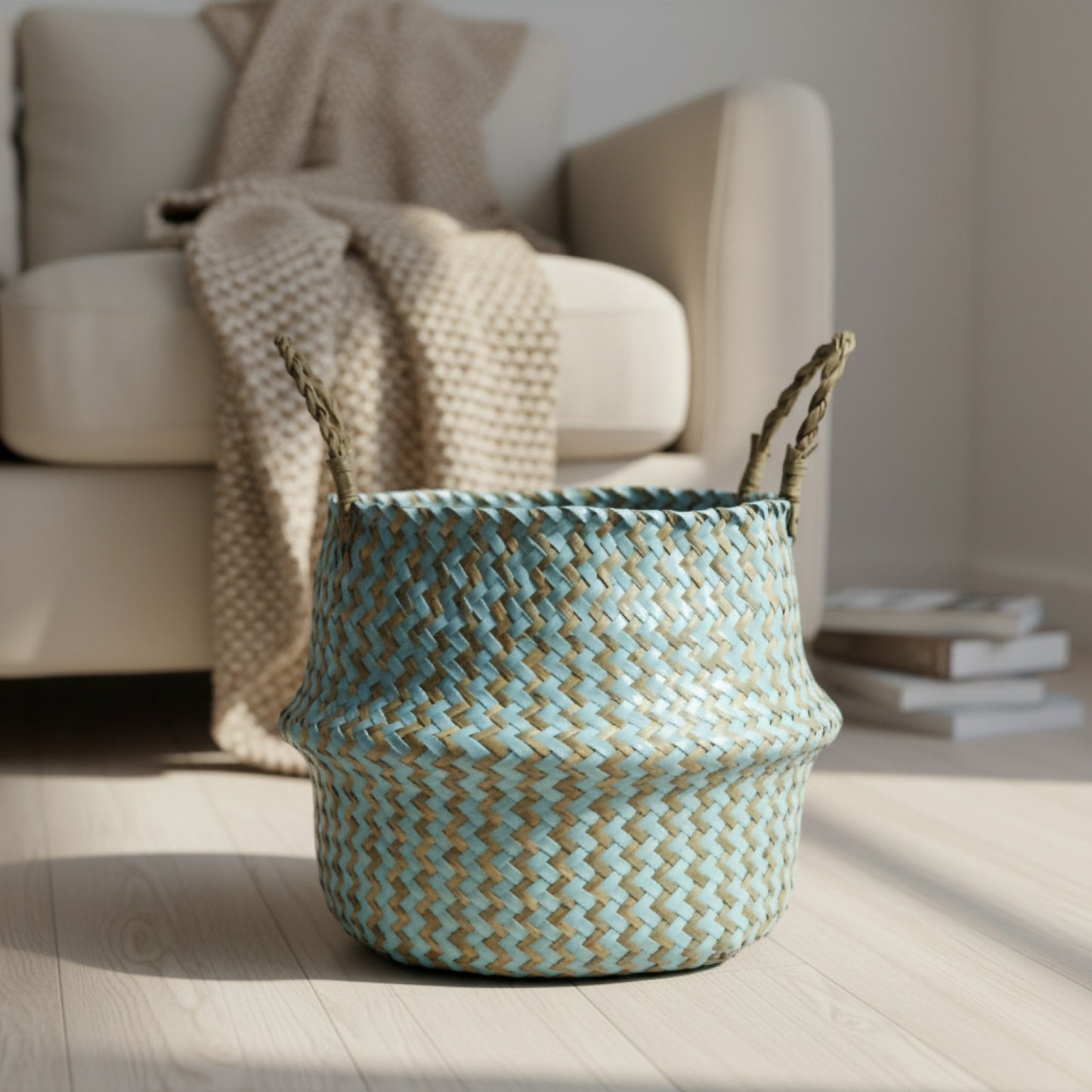 Panier de Rangement Bohème en Osier Rayé - Fait Main et Pliable