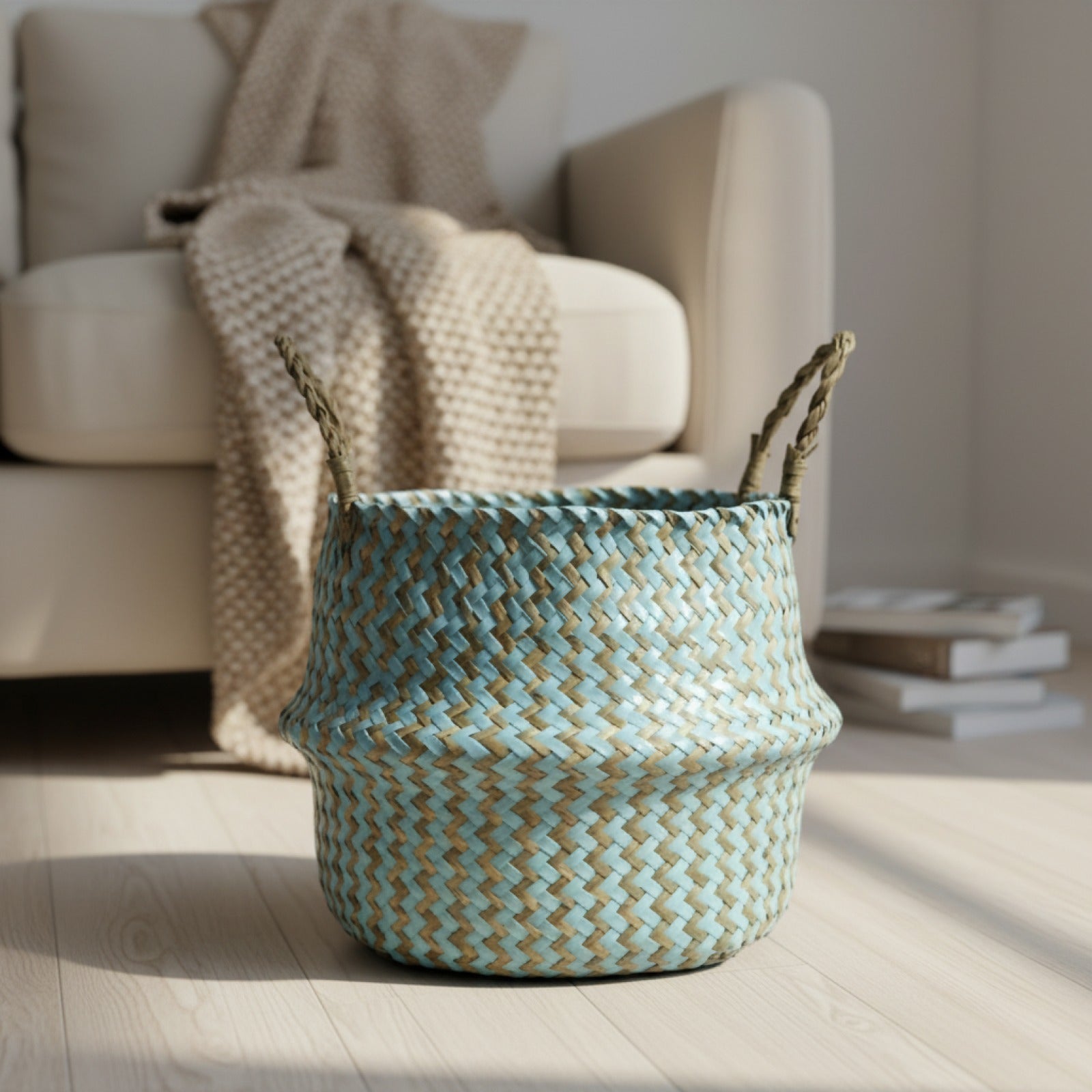 Panier de Rangement Bohème en Osier Rayé - Fait Main et Pliable