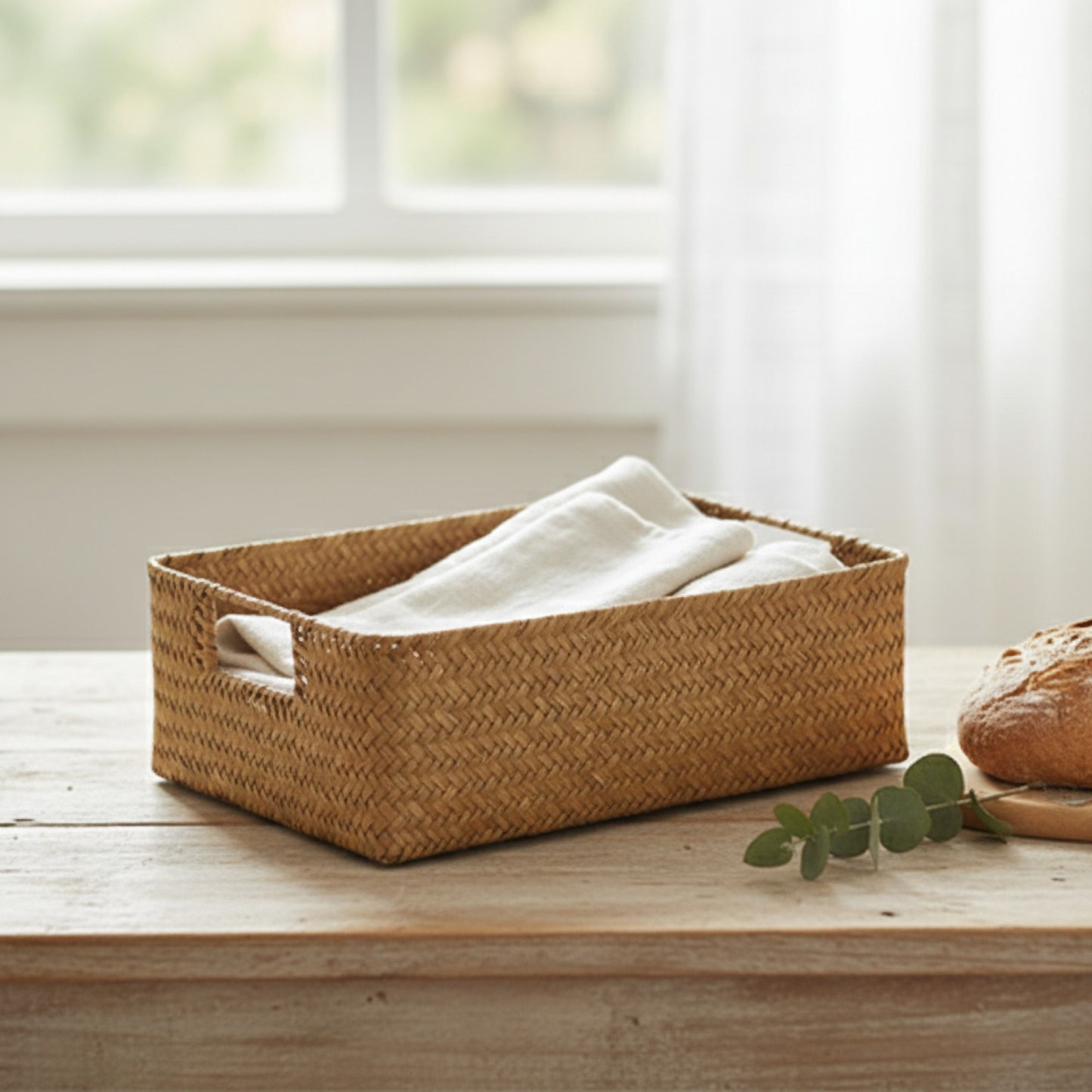 Panier décoratif en herbiers marins tissés - Rangement naturel pour la maison et la cuisine