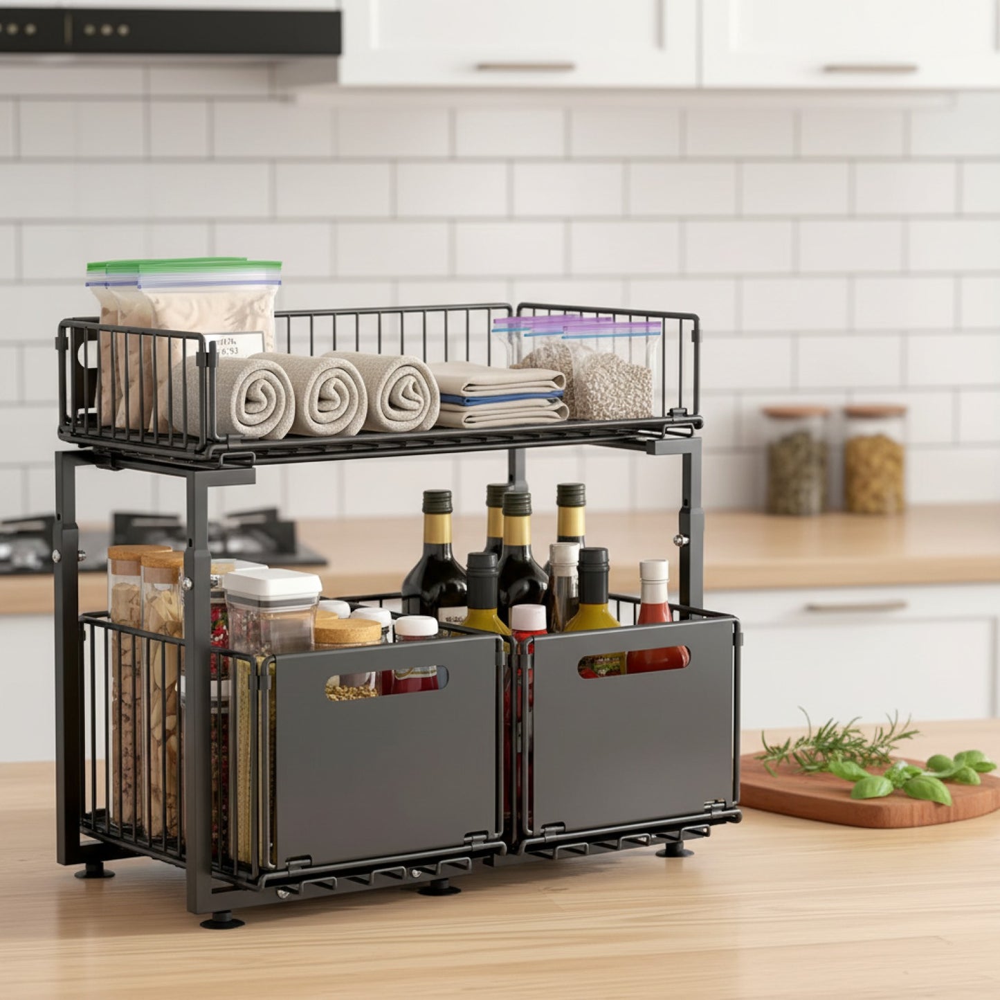 Organiseur Coulissant à 2 Étages pour Cuisine et Armoire - Rangement sous évier réglable