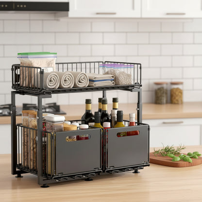 Organiseur Coulissant à 2 Étages pour Cuisine et Armoire - Rangement sous évier réglable