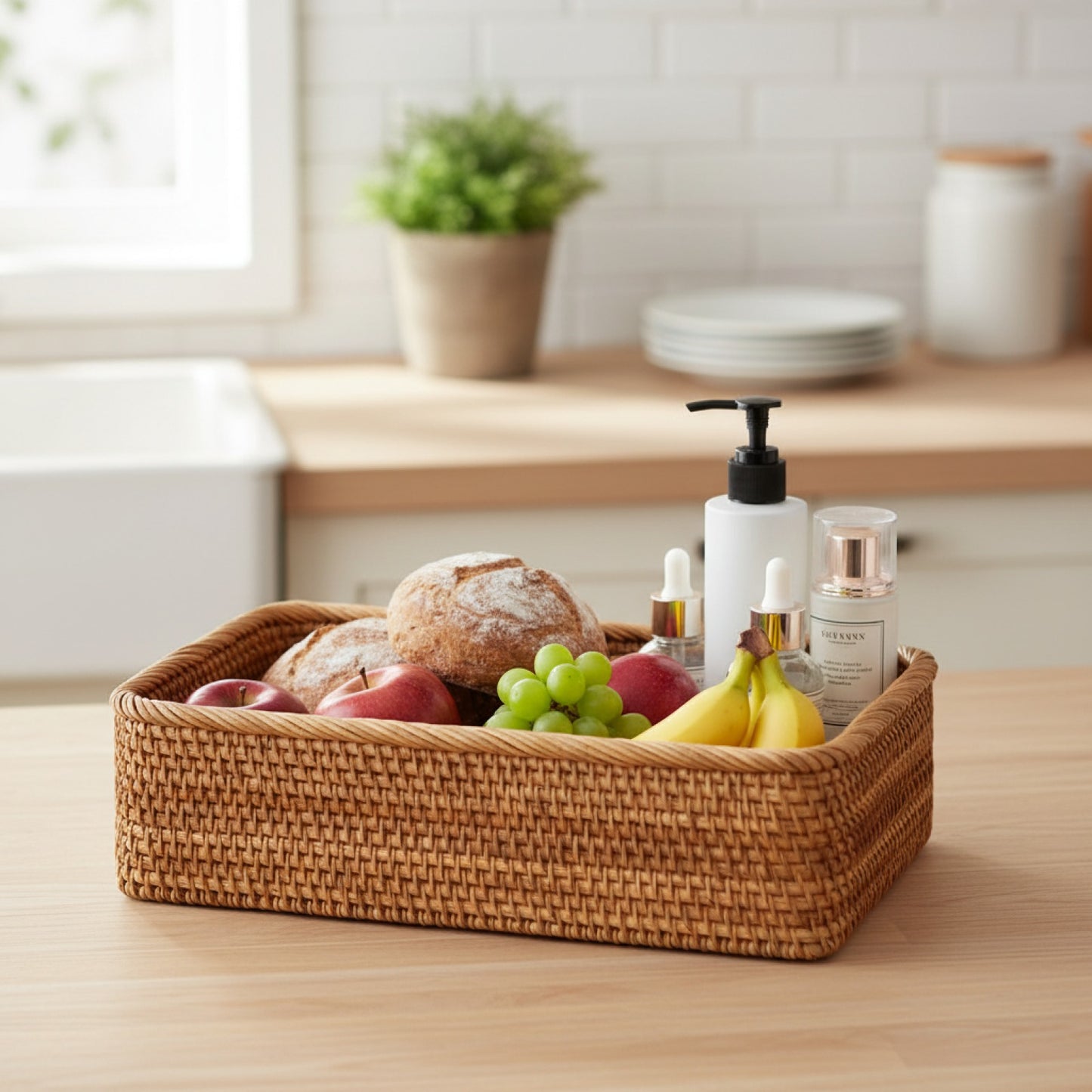 Panier Rectangulaire en Rotin Tissé à la Main - Idéal pour Fruits, Pain, Cosmétiques et Rangement Maison