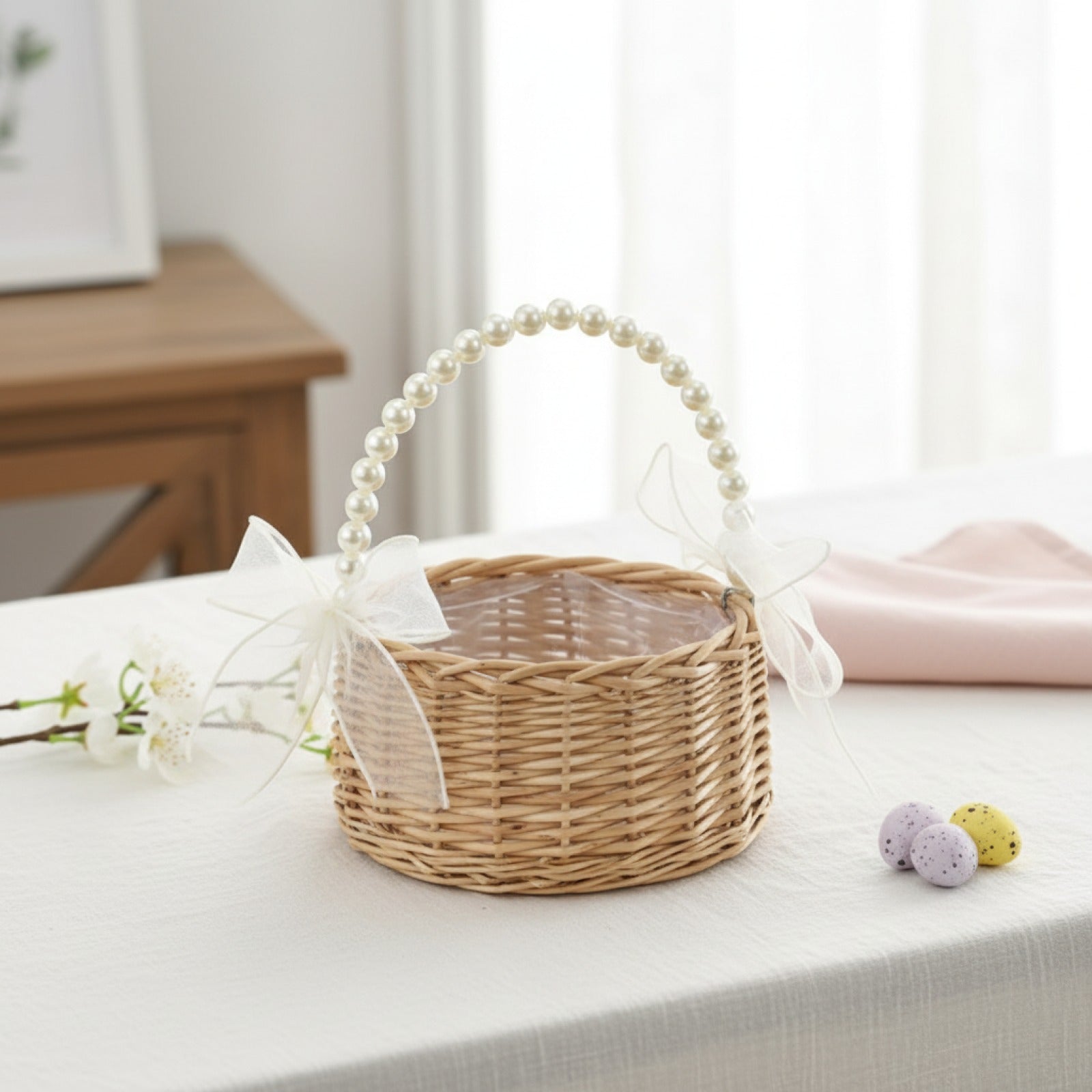 Panier enfant en rotin tressé à la main avec poignée et nœud perle - Idéal Pâques & Mariages (Brun)