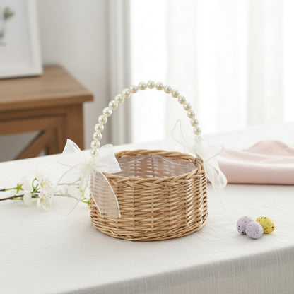 Panier enfant en rotin tressé à la main avec poignée et nœud perle - Idéal Pâques & Mariages (Brun)