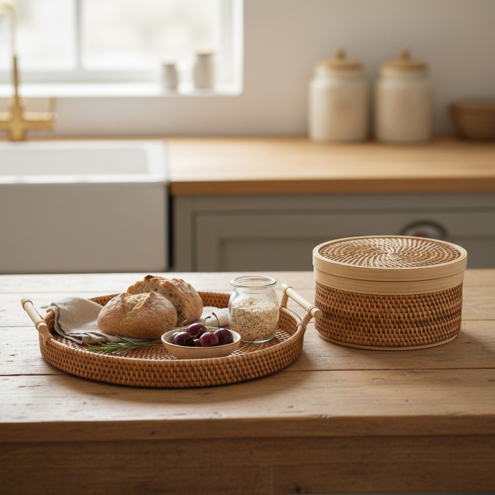 Plateau et Panier de Rangement Alimentaire en Rotin Tissé Main - Organisateur Cuisine Écologique avec Couvercle