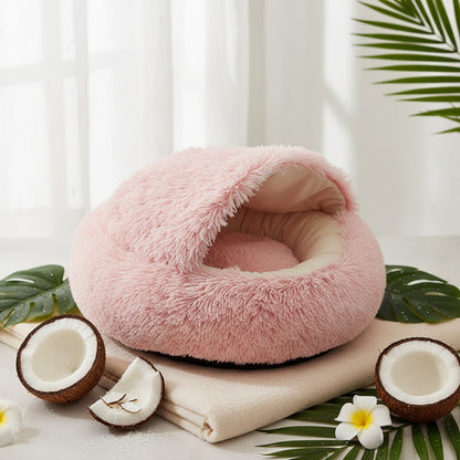 Lit Rond Douillet pour Chat et Petit Chien avec Couverture Intégrée
