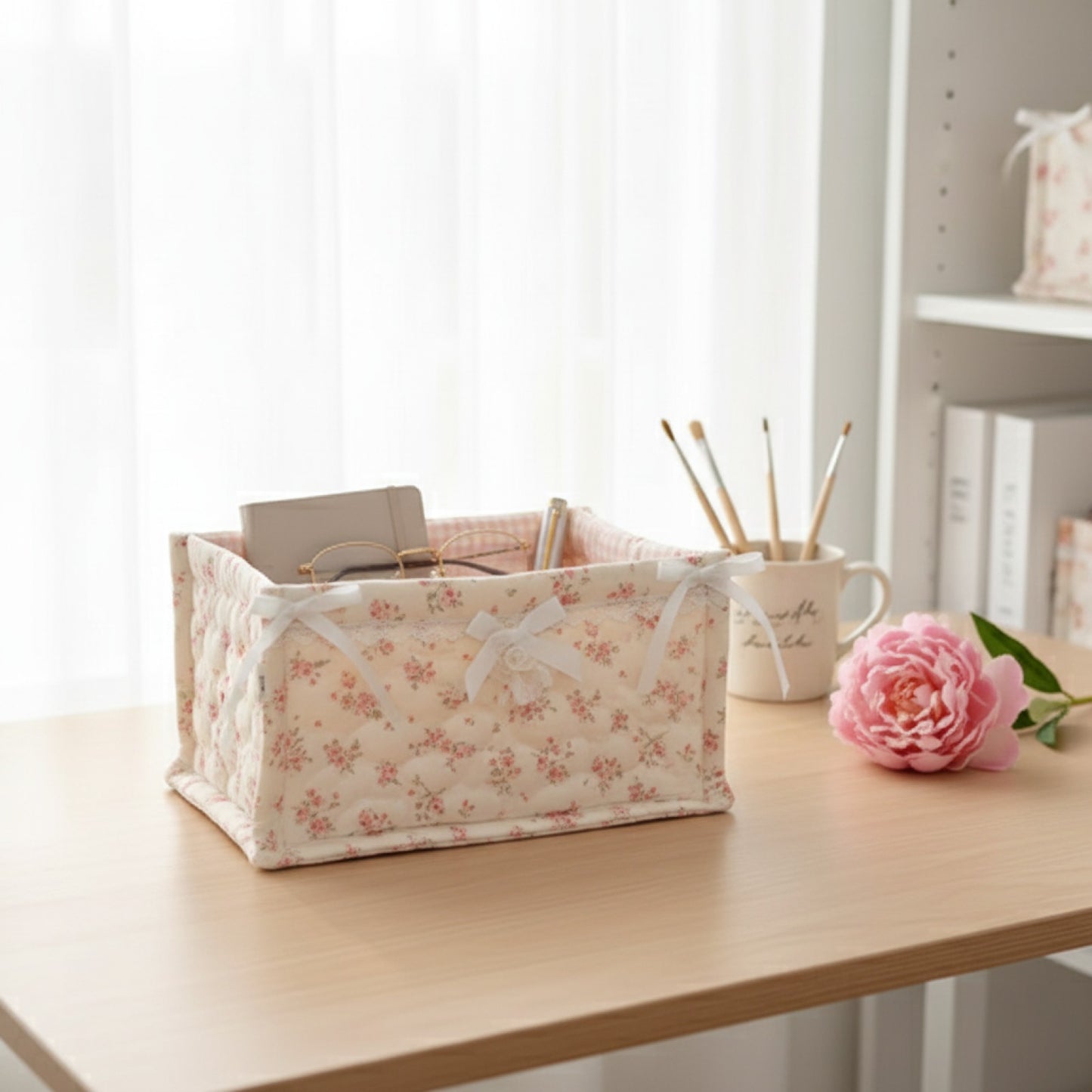 Panier de Rangement Carré Fleuri Style Coréen - Organiseur Bureau Mignon