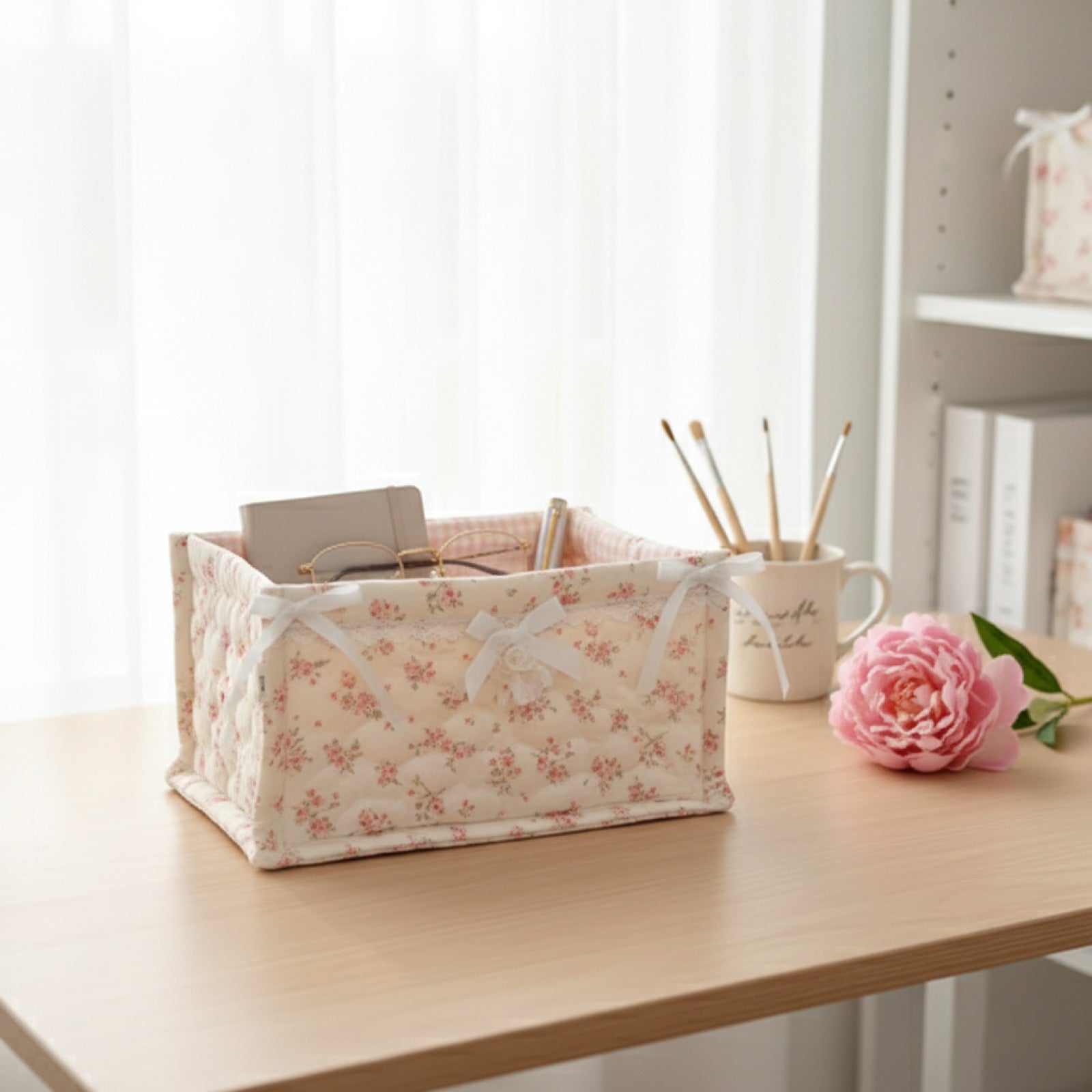 Panier de Rangement Carré Fleuri Style Coréen - Organiseur Bureau Mignon