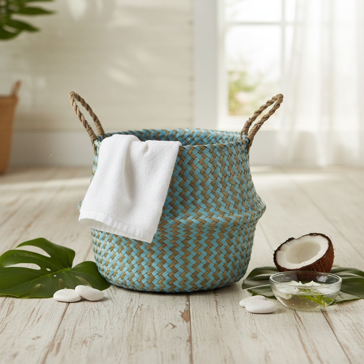 Panier de Rangement Bohème en Osier Rayé - Fait Main et Pliable
