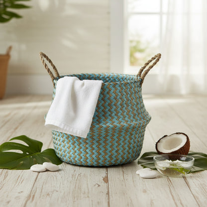 Panier de Rangement Bohème en Osier Rayé - Fait Main et Pliable