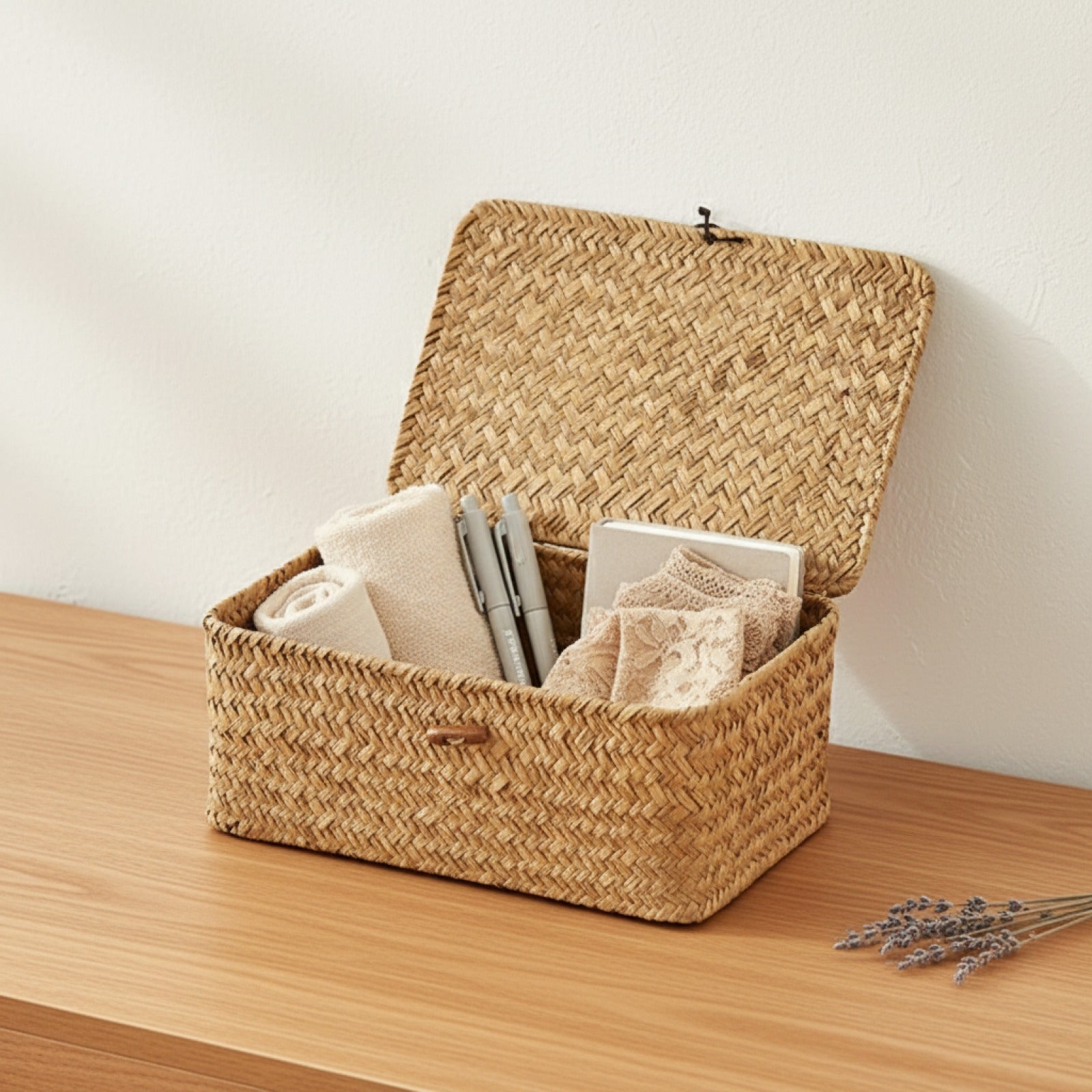 Panier de Rangement Vintage en Paille Tissée Main - Idéal Bureau, Cadeau & Salle de Bain