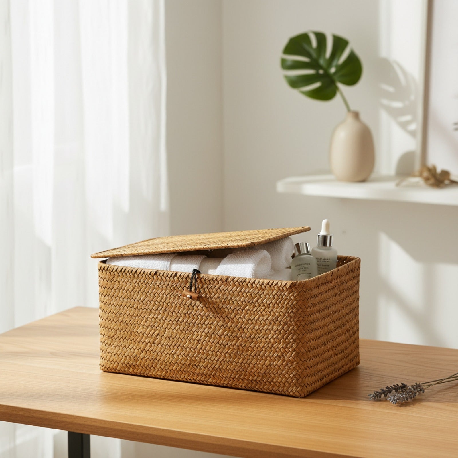 Panier de Rangement Tissé en Herbiers Marins avec Couvercle - Fait Main