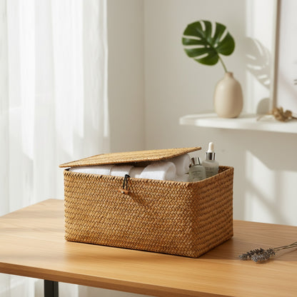 Panier de Rangement Tissé en Herbiers Marins avec Couvercle - Fait Main