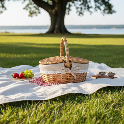 Panier de Pique-Nique en Osier Fait Main avec Poignée - Idéal Camping & Rangement