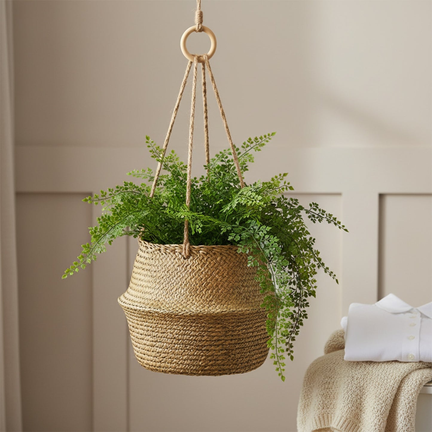 Panier Suspendu en Osier Marin & Rotin - Zerolife pour Fleurs, Linge & Rangement