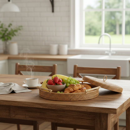 Plateau et Panier de Rangement Alimentaire en Rotin Tissé Main - Organisateur Cuisine Écologique avec Couvercle