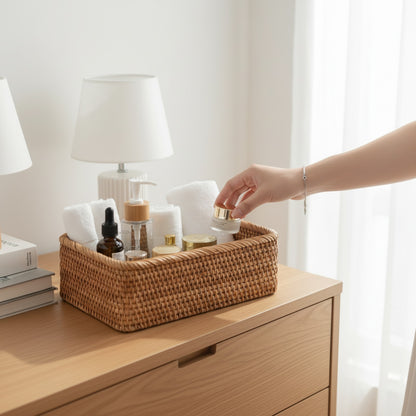 Panier Rectangulaire en Rotin Tissé à la Main - Idéal pour Fruits, Pain, Cosmétiques et Rangement Maison