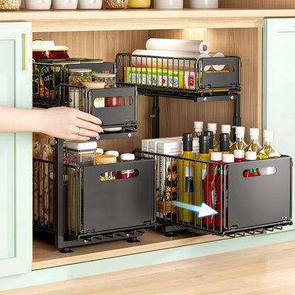 Organiseur Coulissant à 2 Étages pour Cuisine et Armoire - Rangement sous évier réglable
