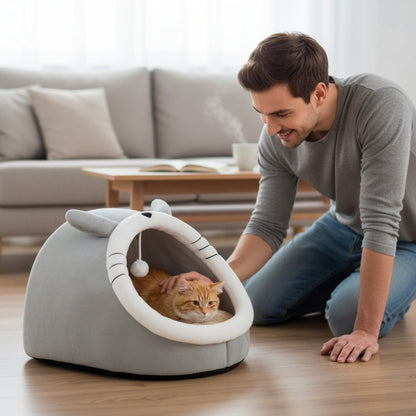Lit Grotte Chauffant pour Chat et Petit Chien - Tente Douillette et Pliable