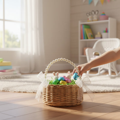Panier enfant en rotin tressé à la main avec poignée et nœud perle - Idéal Pâques & Mariages (Brun)