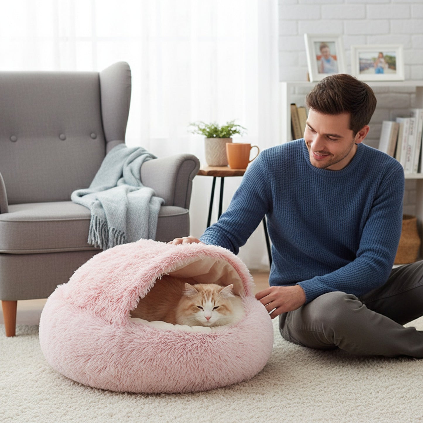 Lit Rond Douillet pour Chat et Petit Chien avec Couverture Intégrée