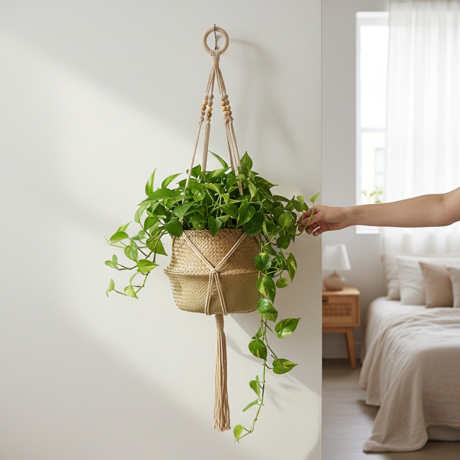 Panier Suspendu en Osier Marin & Rotin - Zerolife pour Fleurs, Linge & Rangement