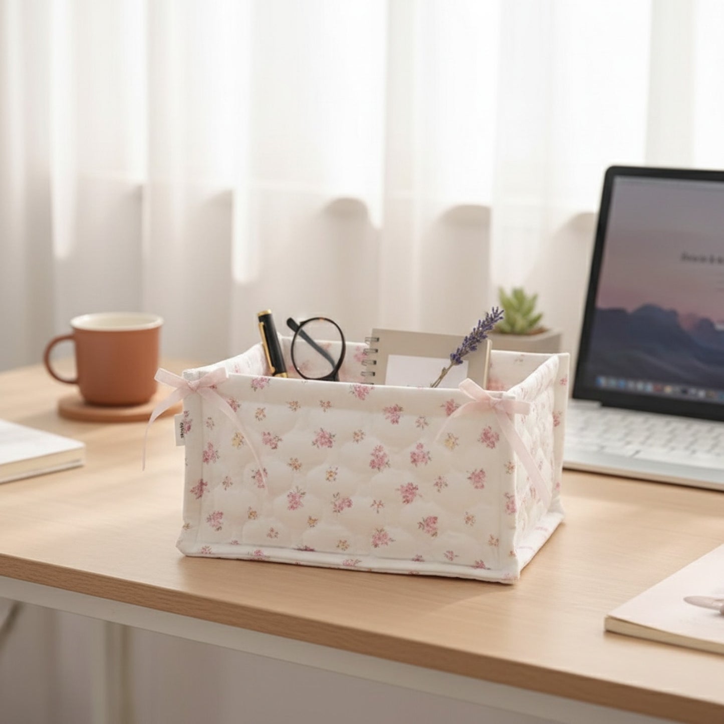 Panier de Rangement Carré Fleuri Style Coréen - Organiseur Bureau Mignon