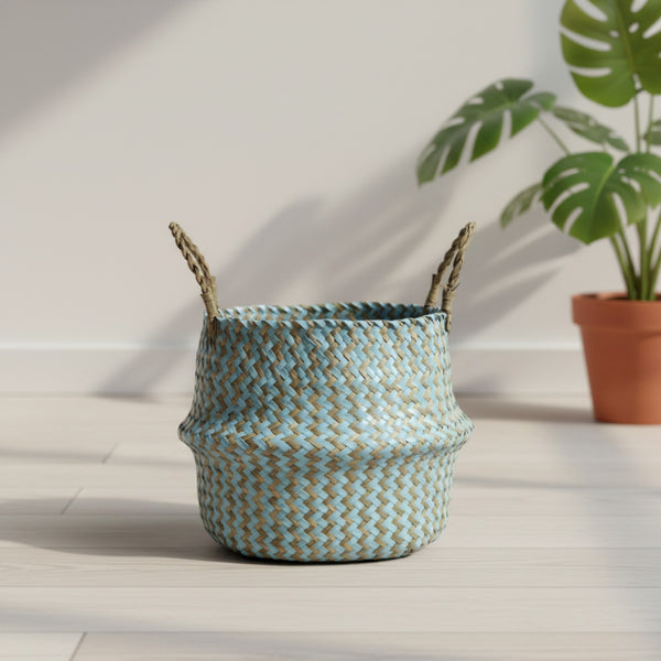 Panier de Rangement Bohème en Osier Rayé - Fait Main et Pliable