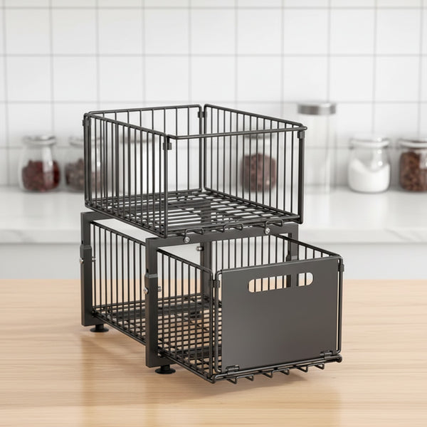 Organiseur Coulissant à 2 Étages pour Cuisine et Armoire - Rangement sous évier réglable
