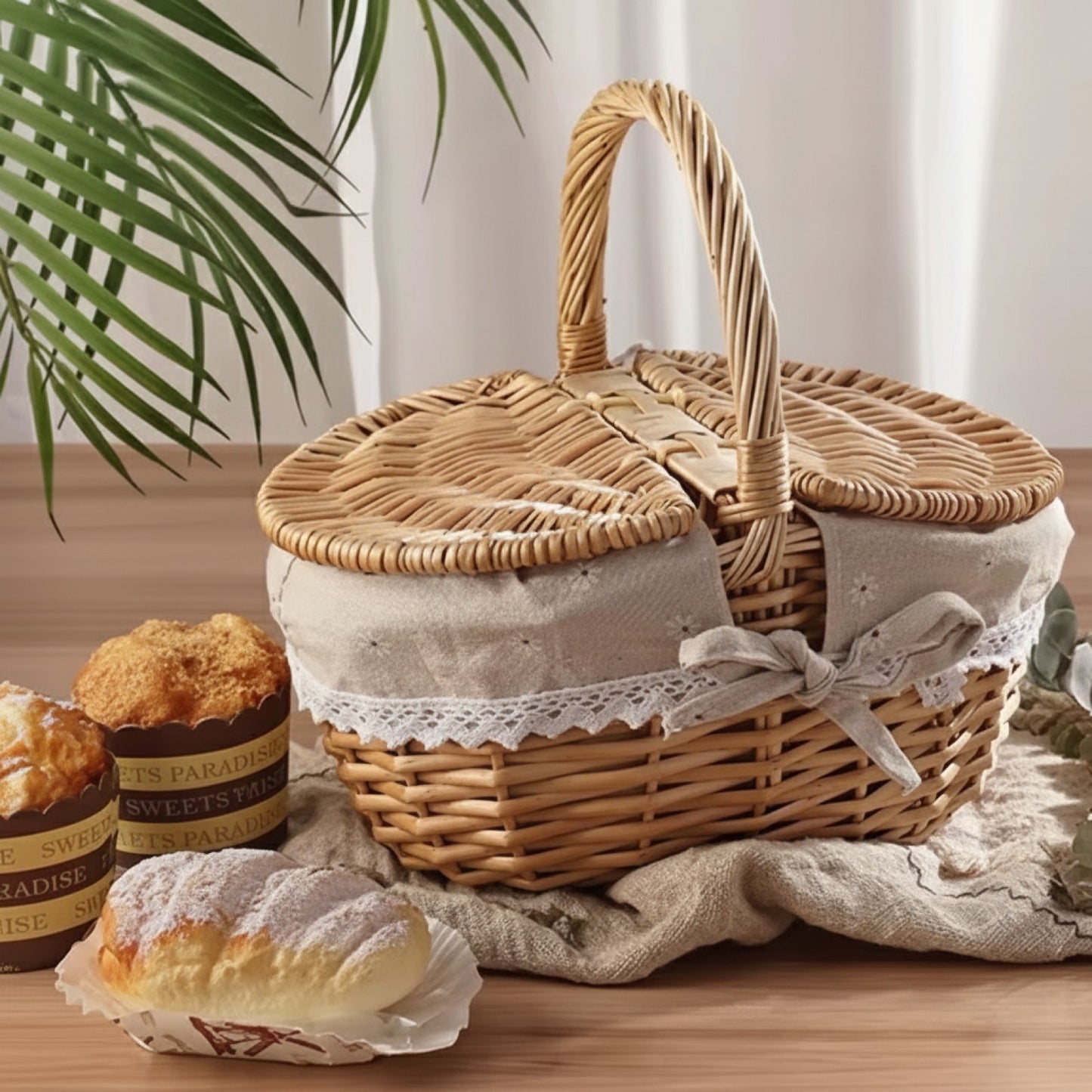 Panier de Pique-Nique en Osier Fait Main avec Poignée - Idéal Camping & Rangement