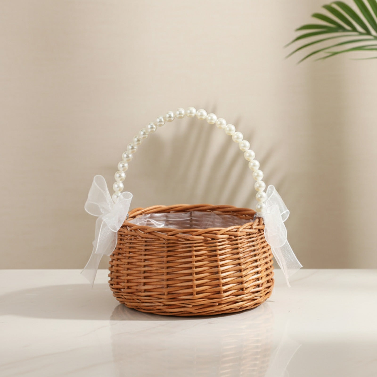 Panier enfant en rotin tressé à la main avec poignée et nœud perle - Idéal Pâques & Mariages (Brun)